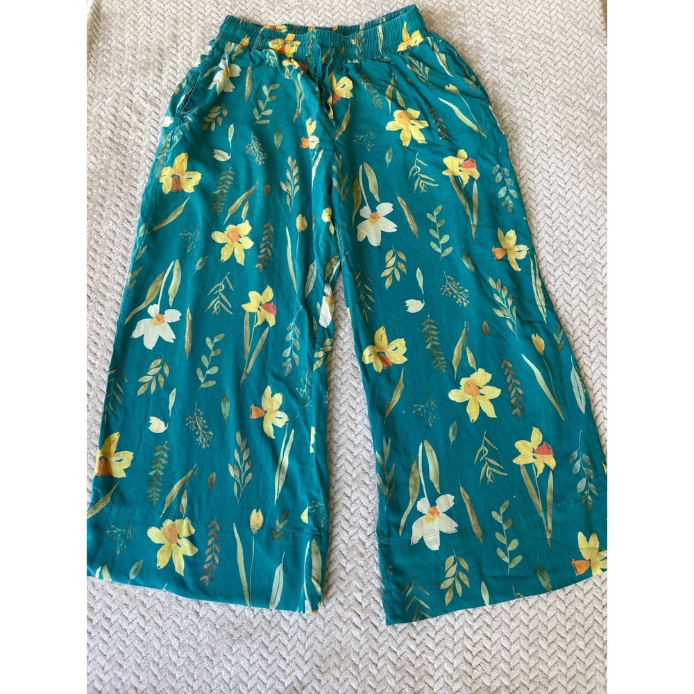 Uncommon Goods Teal Yellow Daffodil Floral Wide Leg Lyocell Pants L/XL